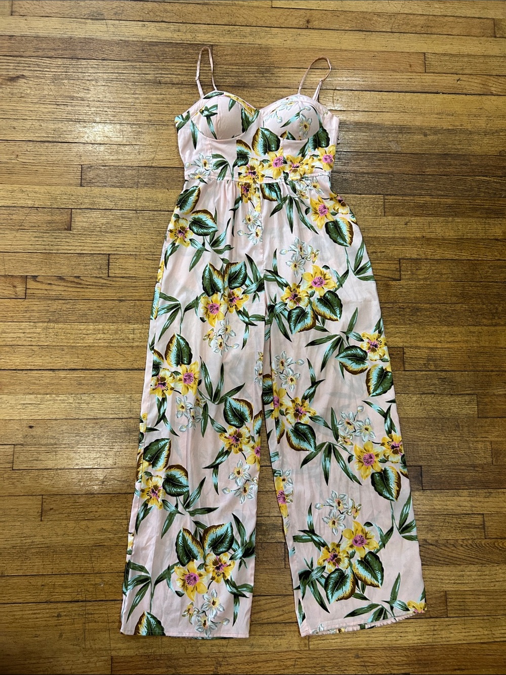 Band of Gypsies Pink Floral Wide-Leg Jumpsuit with Spaghetti Straps